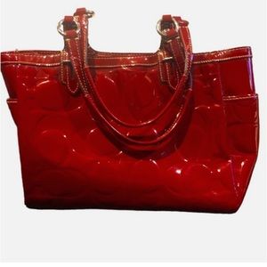 Coach No.F1093-F15246 Red Signature Embossed Patent Leather Satchel Shoulder Bag